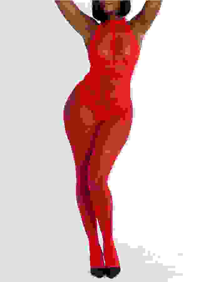 Lovehoney Red Lace Crotchless Basque Bodystocking, Red, hi-res